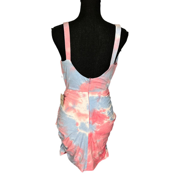 Superdown Pink Plunging Ruched Mini Dress SMALL Bodycon Watercolor Revolve NEW - Picture 6 of 8